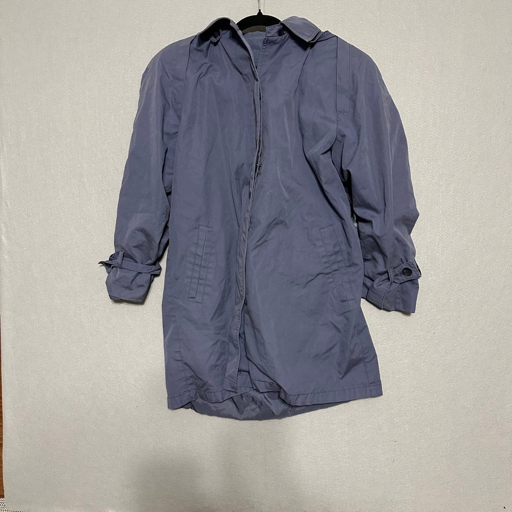 London Fog Womens Blue Hooded Trench Coat Plaid Lined Rain Jacket Size 8 Regular